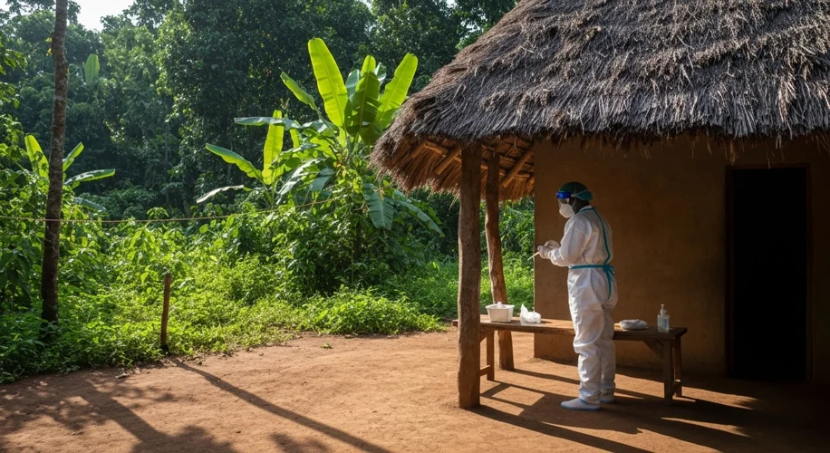 A medical worker in protective gear carefully administers a vaccine to a patient in a rural clinic i