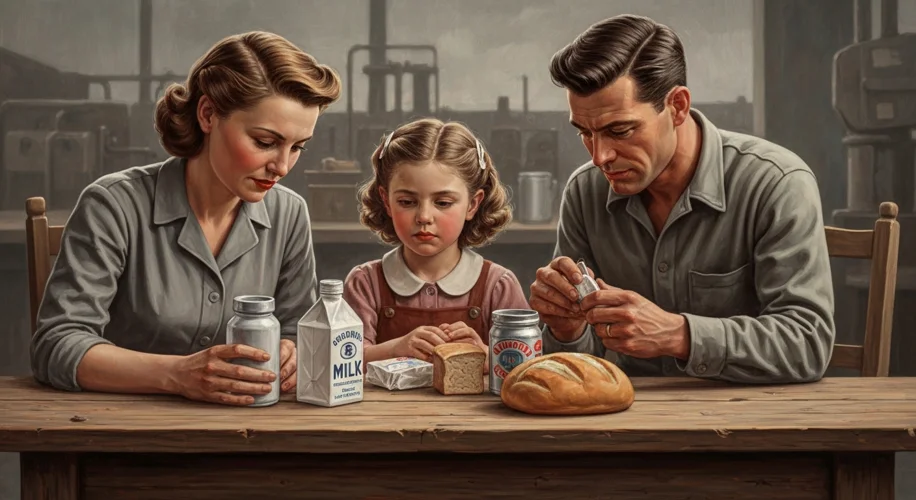 A vintage poster from World War II showing an American family rationing goods, with a sternly worded