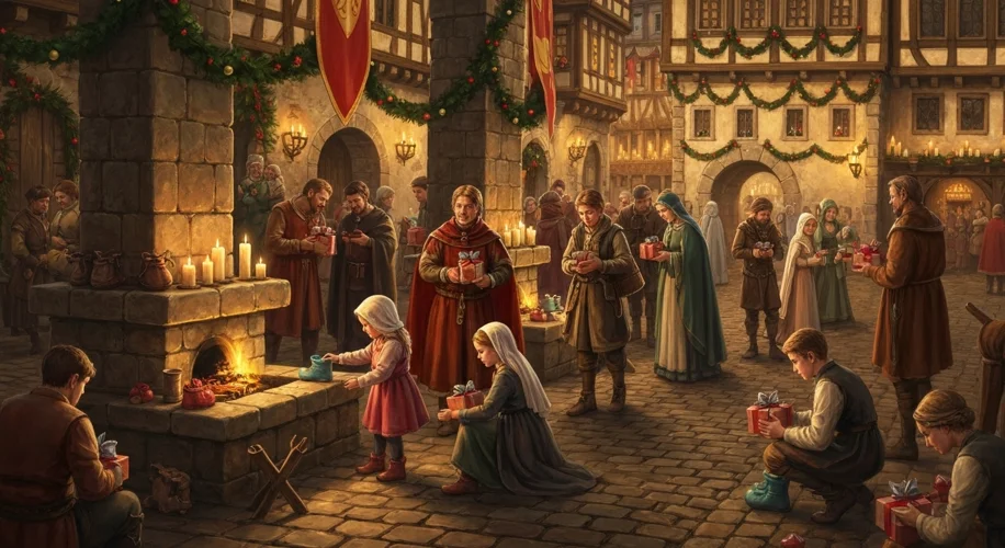 A festive medieval European town square decorated for Saint Nicholas Day, with children leaving out 
