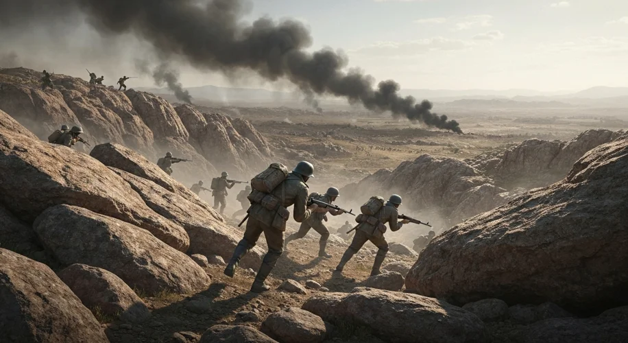 Italian soldiers advancing with machine guns across a rugged Ethiopian landscape, with smoke rising 