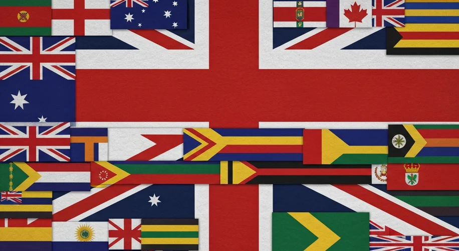 A montage of flags from former British colonies, such as Australia, New Zealand, Canada, and parts o