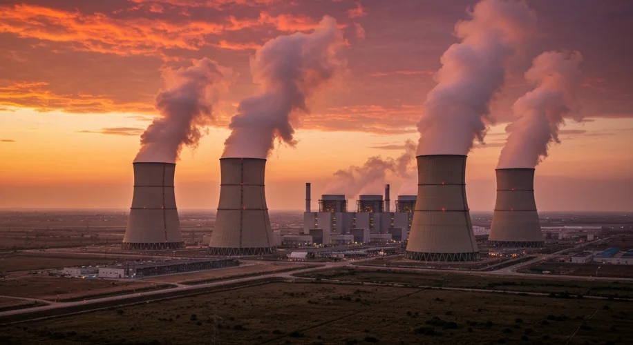 A wide shot of a large nuclear power plant in India, with cooling towers emitting steam against a su