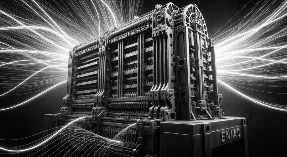 A black and white photograph depicting the ENIAC computer, with abstract, glowing lines of code and