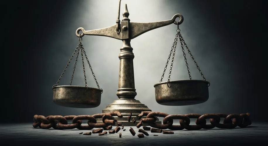 A scale of justice tilted heavily to one side, with a broken chain lying beneath it, representing th