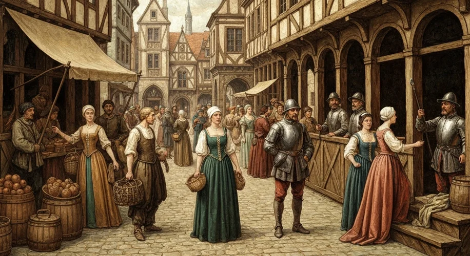 A bustling medieval European town square with merchants, travelers, and guards at a checkpoint, conv