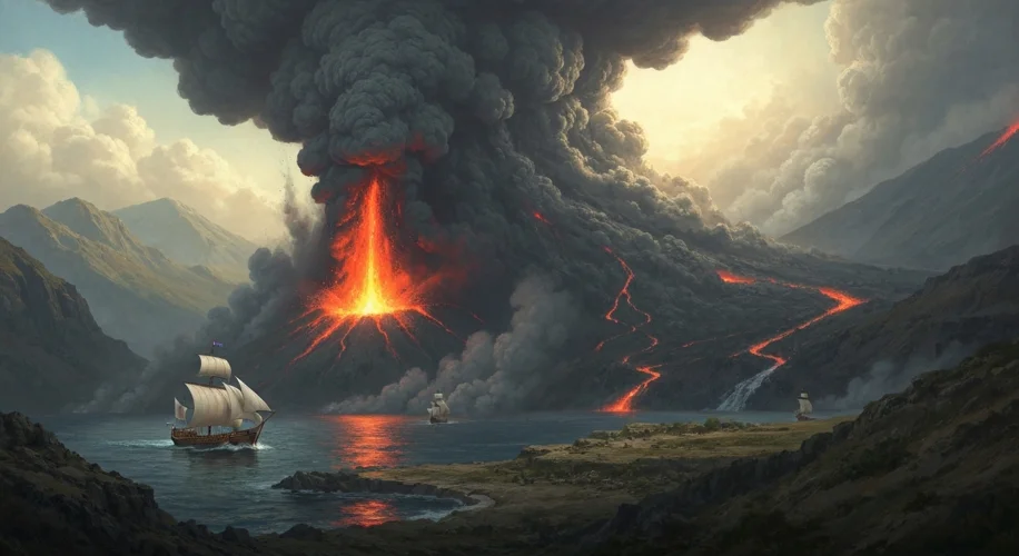 An artist's impression of the catastrophic eruption of Mount Thera (Santorini) in the Bronze Age, wi