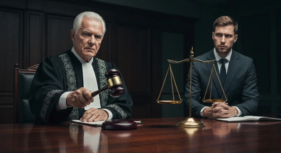 A dramatic courtroom scene with a judge pounding a gavel, symbolizing a harsh sentence, with a disap