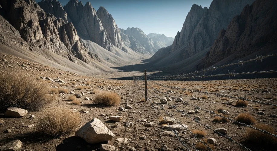 A stark, arid landscape with rugged mountains and a barbed wire fence stretching into the distance, 