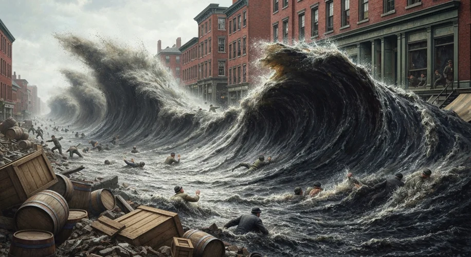 A dramatic, chaotic scene in Boston's North End on January 15, 1919. A massive wave of dark molasses