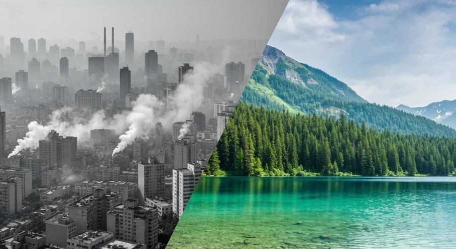 A split image showing a smog-filled city skyline on one side and a clear, vibrant natural landscape