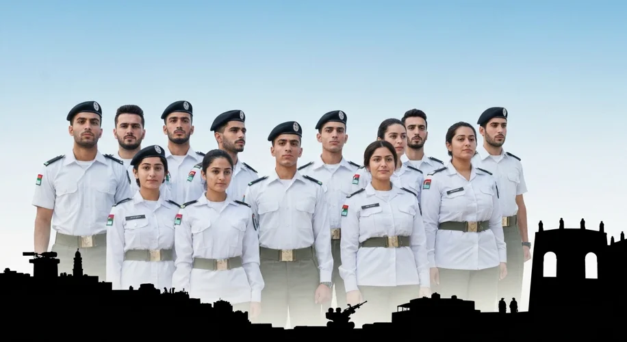 A diverse group of young Jordanian men and women in crisp, new military uniforms standing together, 