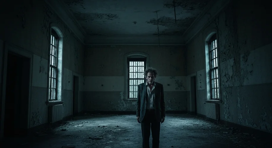 A dimly lit room with a stern-looking individual speaking to a young, visibly distressed person on a