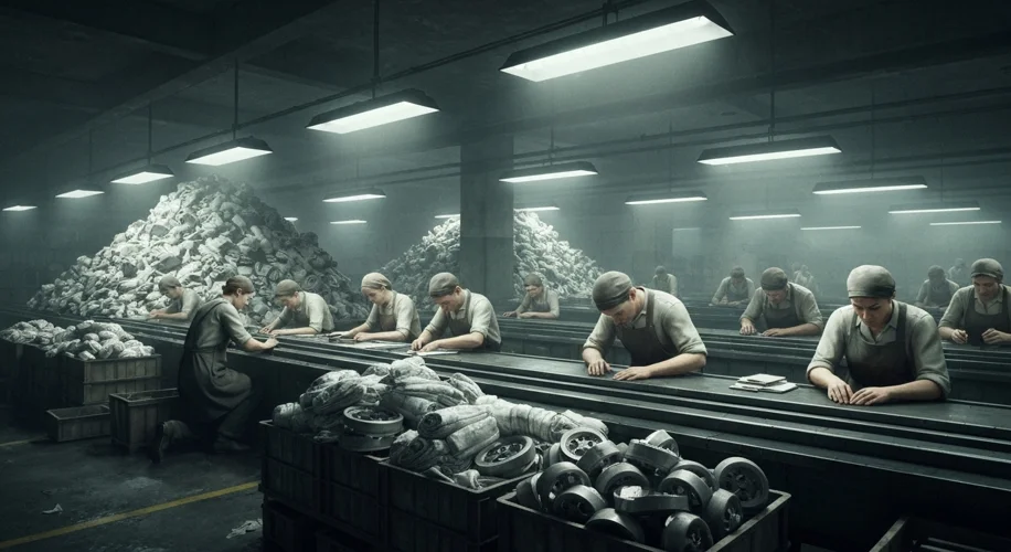 A dimly lit Soviet-era factory floor filled with piles of defective goods, workers looking weary as 