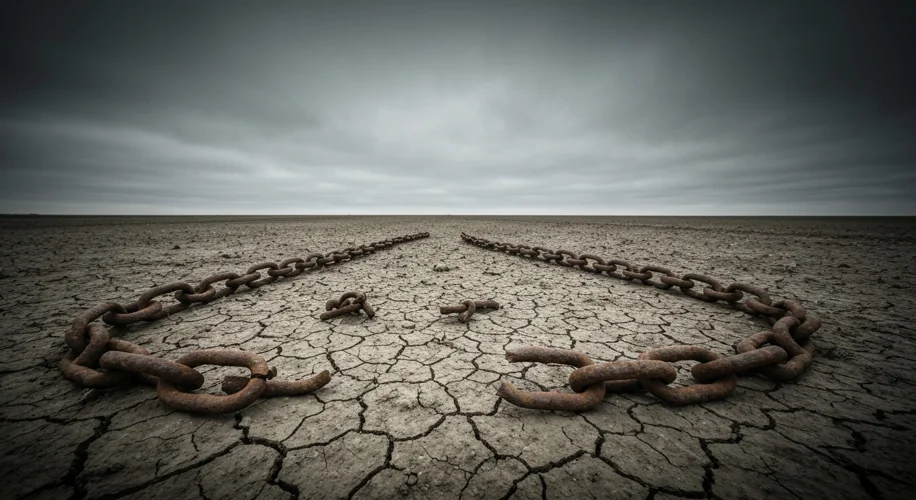 A symbolic image of broken chains lying on barren land, representing the complex legacy of serfdom's