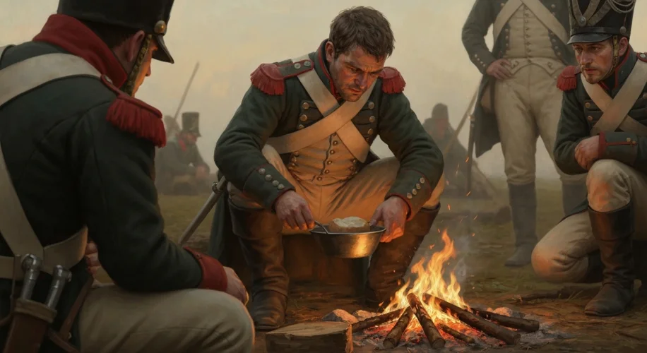 A Napoleonic-era French soldier, perhaps from the Grande Armée, cooking a simple meal over a small c