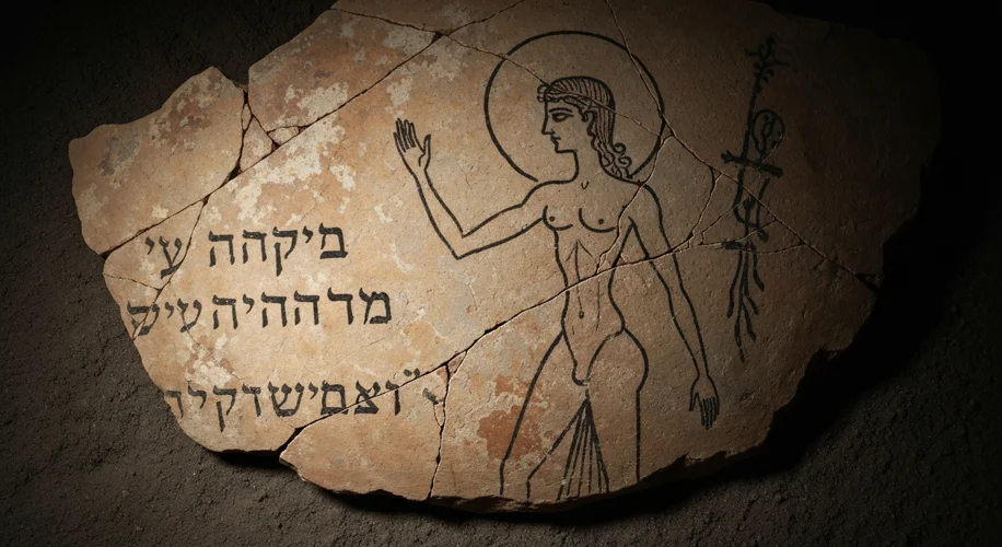 An 8th-century BCE pottery shard from Kuntillet Ajrud, depicting a drawing of a figure with a possib