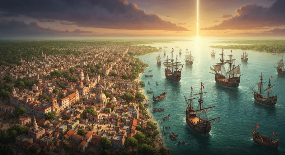 An aerial view of an ancient indigenous city in the Americas being approached by several Spanish car