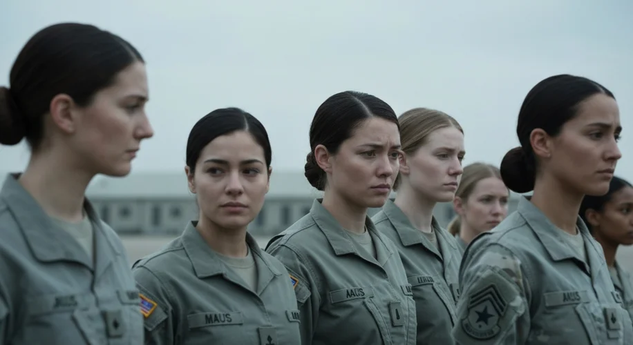 A group of diverse female soldiers standing together in uniform, looking determined and united, with