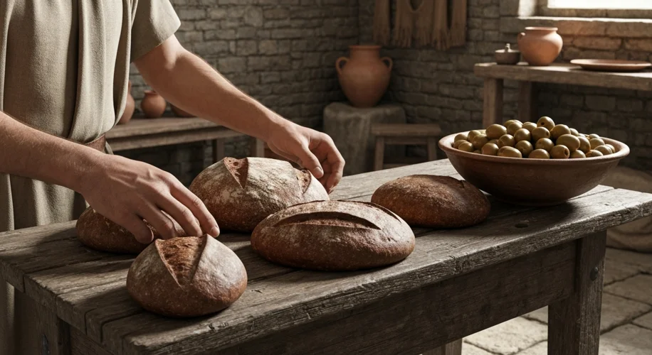A close-up of a Roman slave's hands carefully arranging loaves of dark, rustic bread and a bowl of o