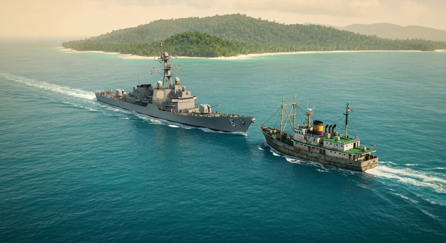 A U.S. Navy destroyer sailing alongside a Venezuelan tuna fishing vessel in the Caribbean Sea, with 