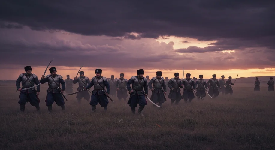 A dramatic depiction of mounted Cossacks in traditional dress, sabers drawn, riding across a vast, w
