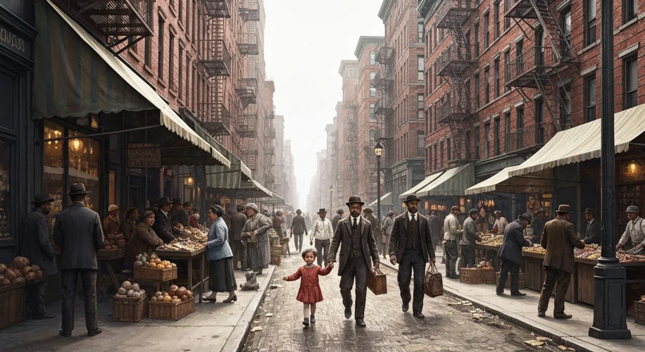 A bustling street scene on the Lower East Side of New York City in the early 1900s, with immigrants 