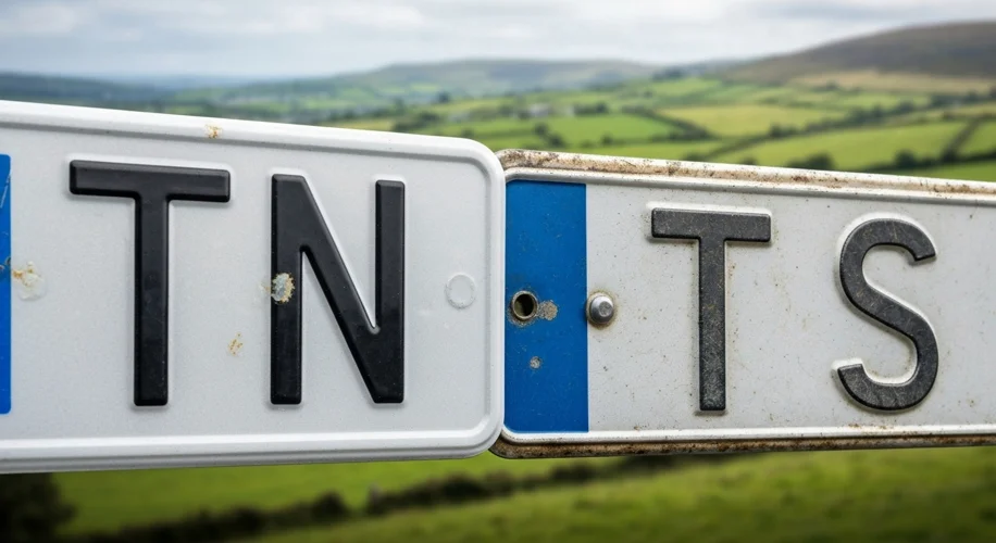 A close-up shot of two different Irish car registration plates, one showing 'TN' and the other 'TS',