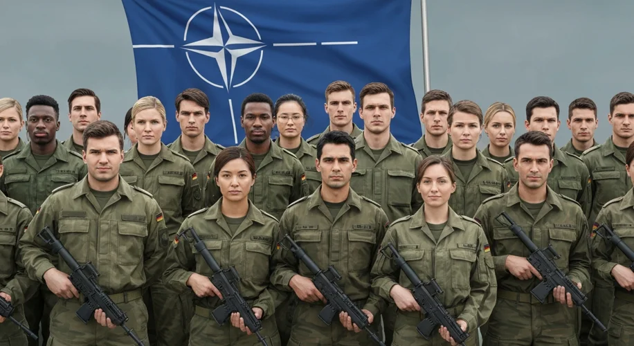 A group of diverse soldiers in modern German Bundeswehr uniforms standing together with a NATO flag