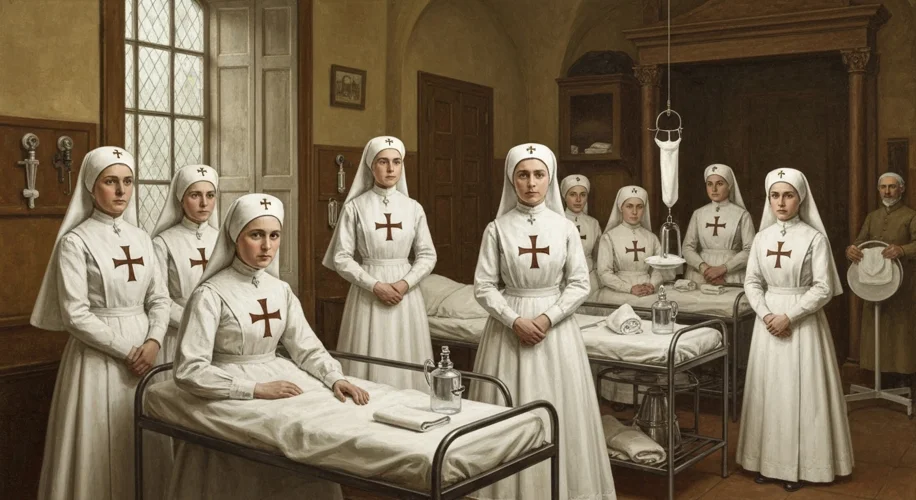 A turn-of-the-century photograph of nurses in a hospital run by the Teutonic Order, wearing traditio