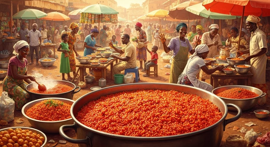 A bustling West African marketplace scene with people cooking and selling food, with a large pot of 