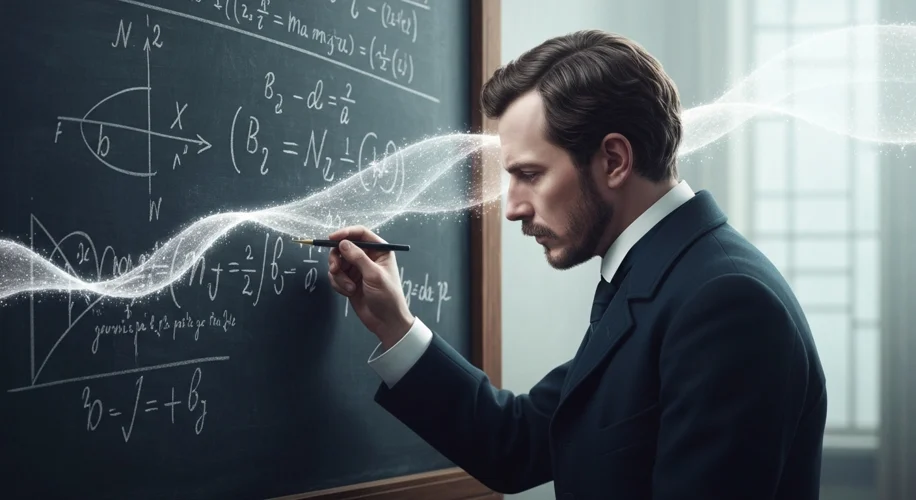 James Clerk Maxwell, a serious-looking Scottish physicist in Victorian attire, contemplating complex