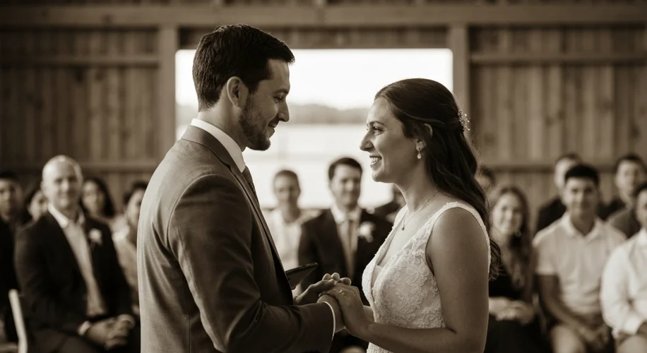 A sepia-toned photograph of a modern American couple getting married, smiling and holding hands, wit