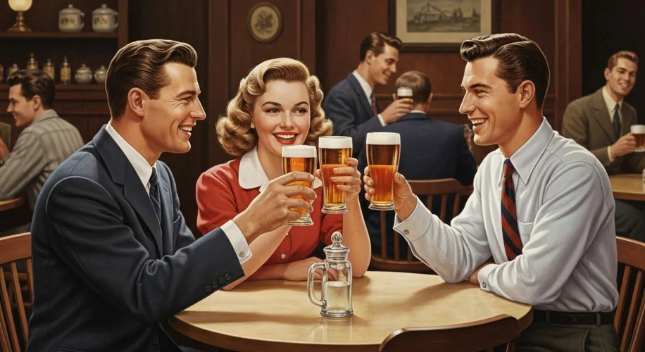 A vintage advertisement for a popular Wisconsin beer brand from the 1950s, featuring a smiling coupl