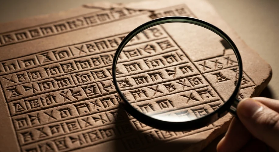 A close-up of a Linear B clay tablet, showing the characteristic cuneiform-like script, with a magni