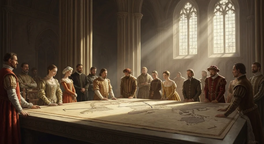 A dramatic depiction of diplomats in ornate 15th-century attire gathered around a large, ancient map