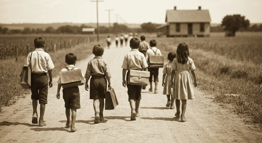 A sepia-toned photograph of children walking along a dusty, unpaved rural road towards a small, one-