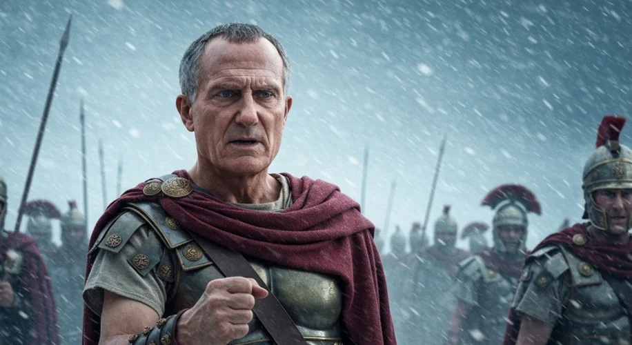 Julius Caesar in Gaul, addressing his legions with determination, a swirling snowstorm in the backgr