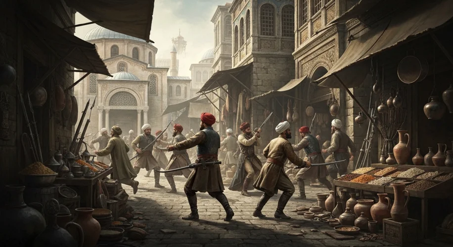 A chaotic street scene in 18th-century Constantinople, with merchants and guards clashing amidst sta