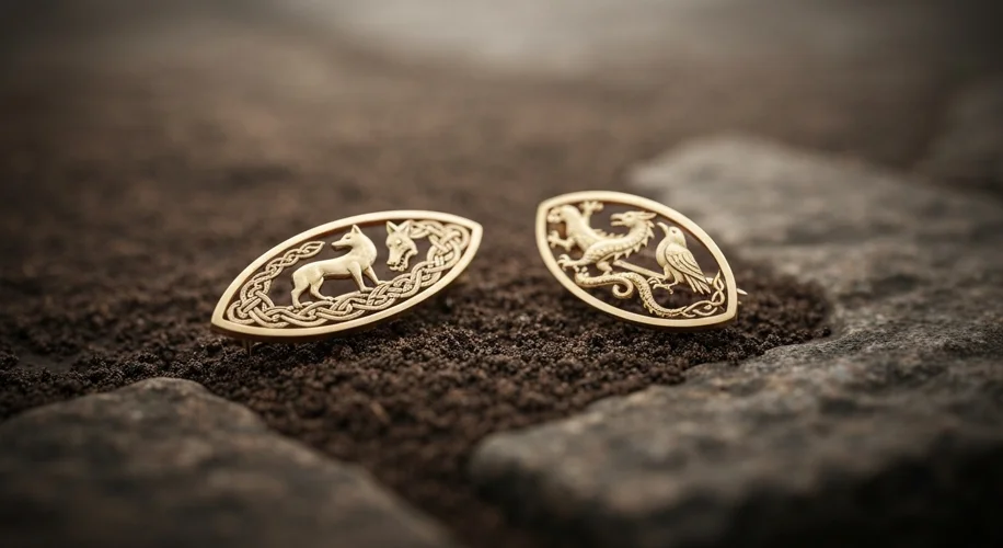 A close-up, detailed photograph of two intricately designed Viking Age brooches made of gold, restin