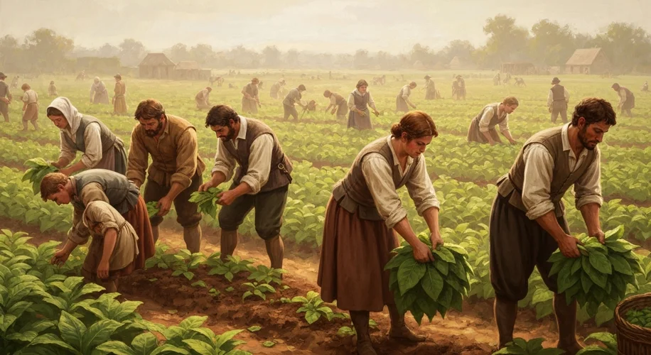 A vibrant depiction of early tobacco cultivation in Jamestown, showing settlers tending to the plant