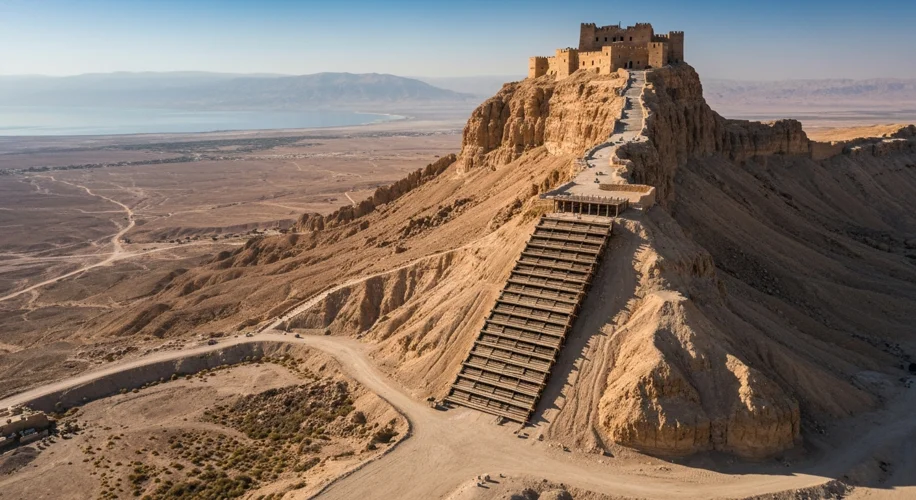 An aerial view of the ancient fortress of Masada, perched atop a rocky mesa overlooking the stark Ju