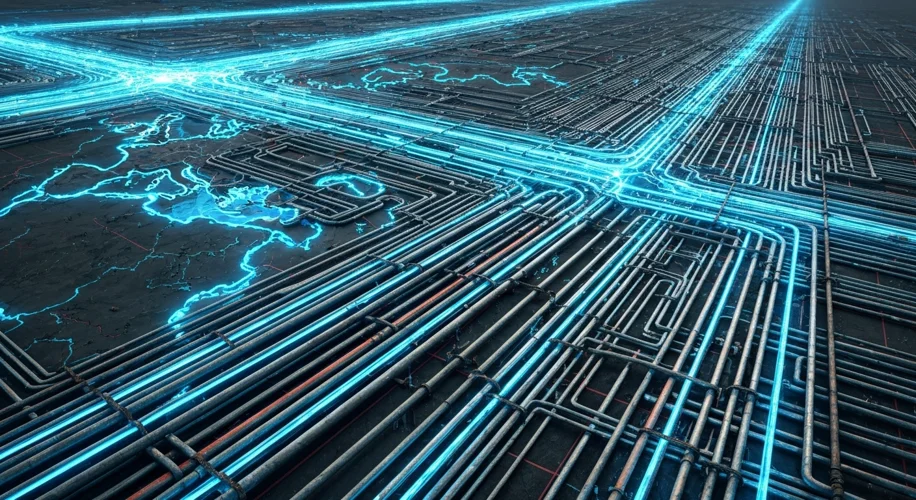A complex network of crisscrossing natural gas pipelines stretching across a stylized map of Europe