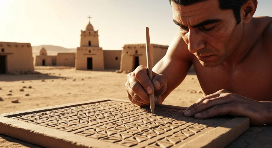 An ancient Mesopotamian scribe with a stylus, pressing wedge-shaped marks into a wet clay tablet. Th