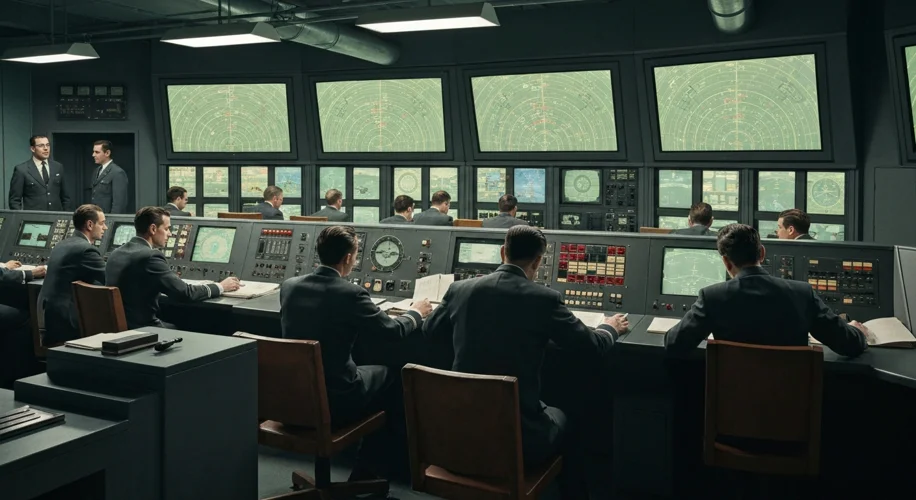 A vintage photograph from the 1950s showing a bustling air traffic control room with large radar scr