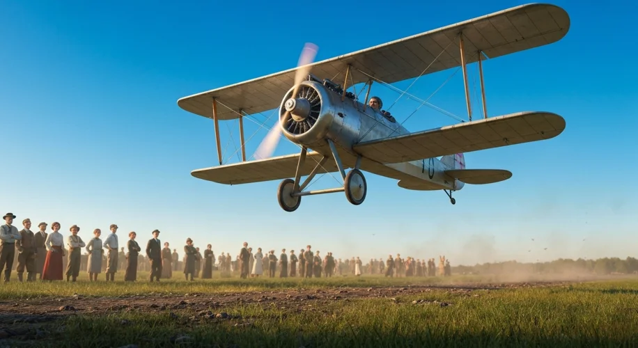 An early 20th-century biplane taking off from a grassy airfield, with a small crowd of spectators wa