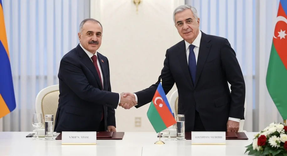 Two male leaders, one with Armenian features and the other with Azerbaijani features, are meeting at