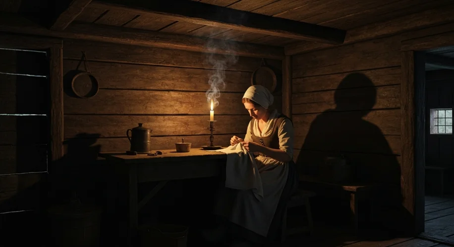 A dimly lit 18th-century peasant cottage interior. A woman is attempting to sew by the light of a sp