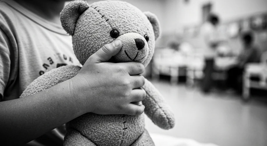 A somber, black and white photograph of a young child's hand clutching a worn teddy bear, with a blu