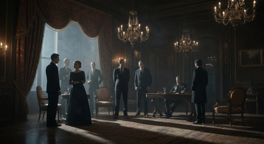 A dimly lit, opulent room with a group of well-dressed individuals in conversation, with a subtle, o