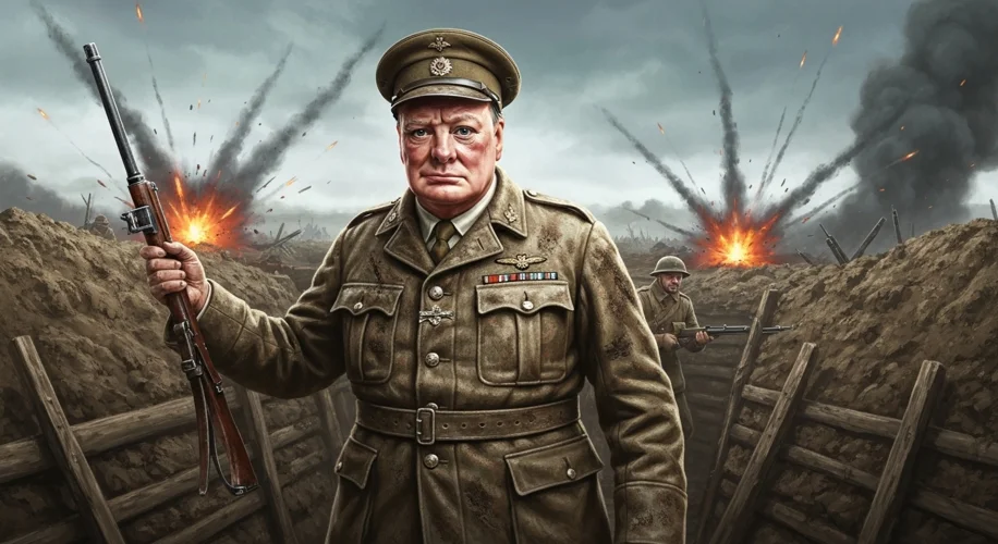 Winston Churchill in military uniform, looking resolute, standing in a muddy trench during World War